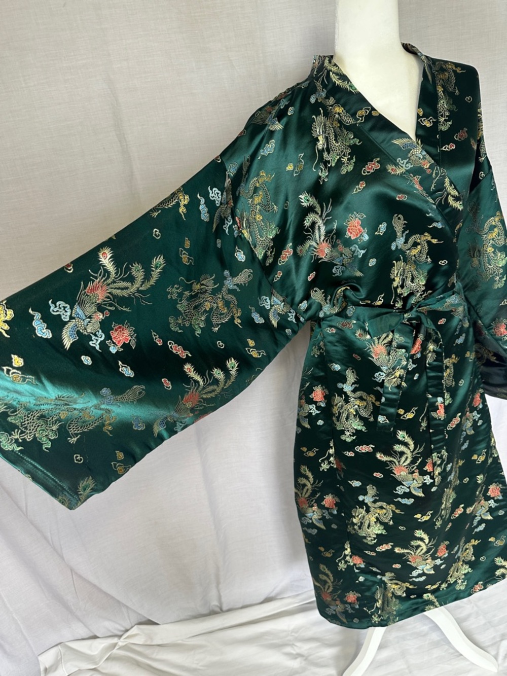 Emerald Green Floral Satin Wrap Coat Kimono - Picture 7 of 13